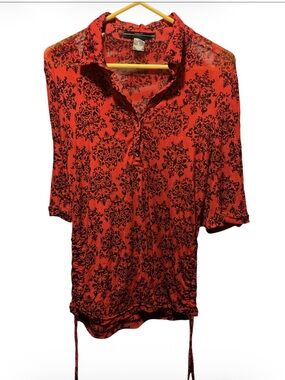 amang NY Red Black Damask Print Ruched Sides Button Up Blouse Size L